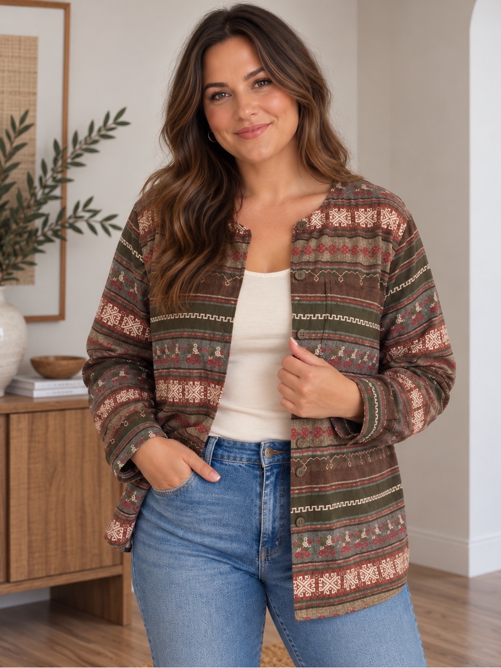 Cabin Creek Olive & Brown Striped Folk-Print Button Cardigan